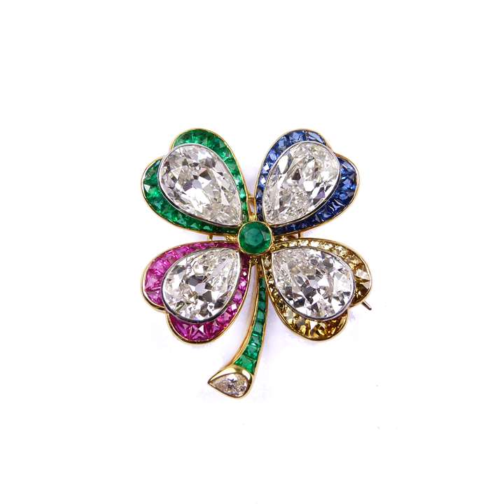 Diamond and coloured gem set four leaf clover brooch,